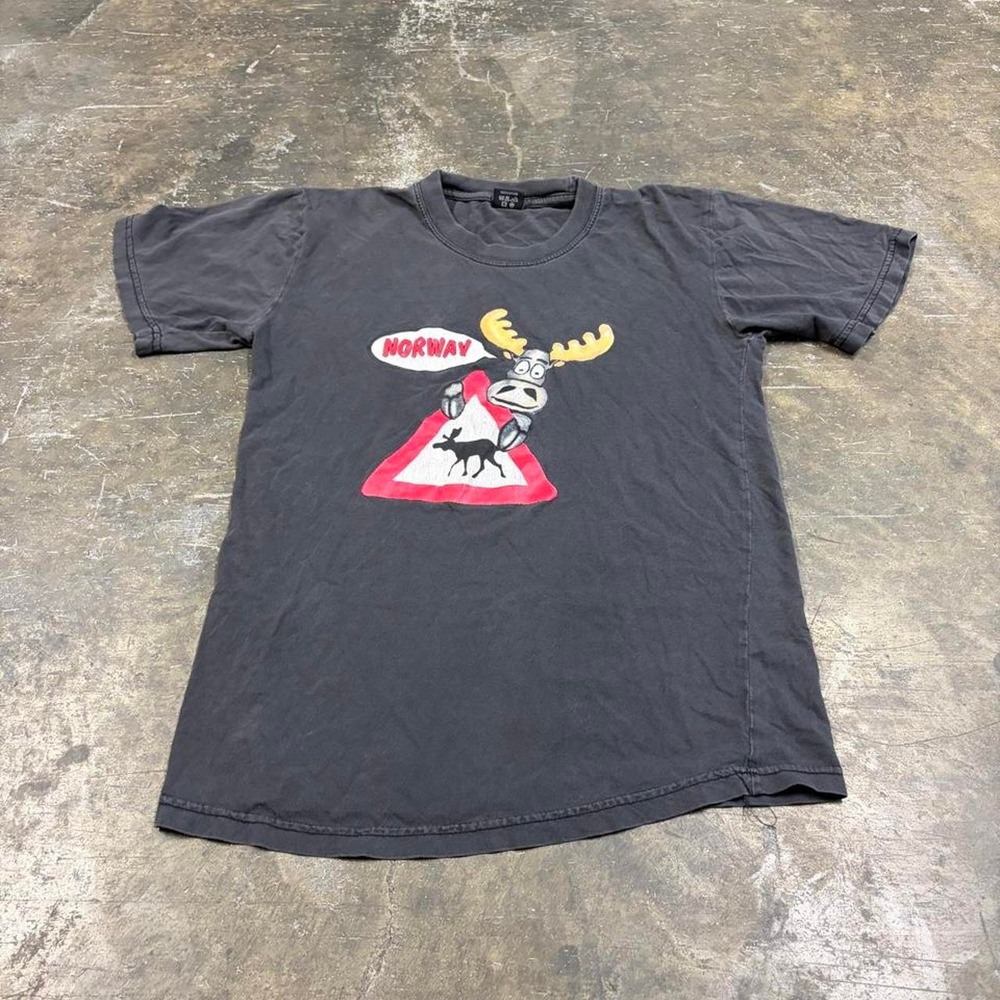Rotek Norway Moose Ringer T-Shirt Mens Medium Vintage 2000s Faded Black Comic